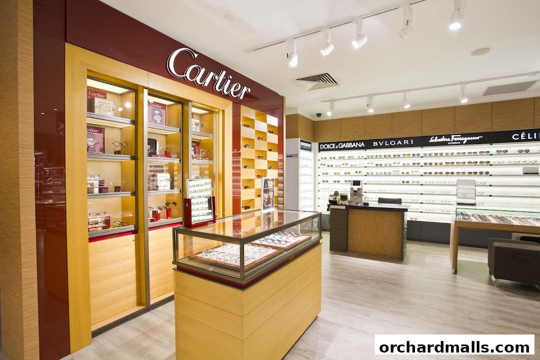 Interior of an optical shop showcasing various designer eyewear brands and displays.