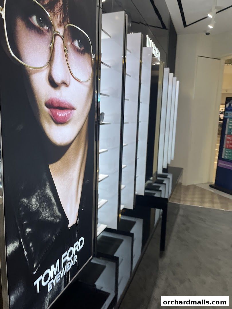 Interior view of W Optics shop showcasing Tom Ford Eyewear display.