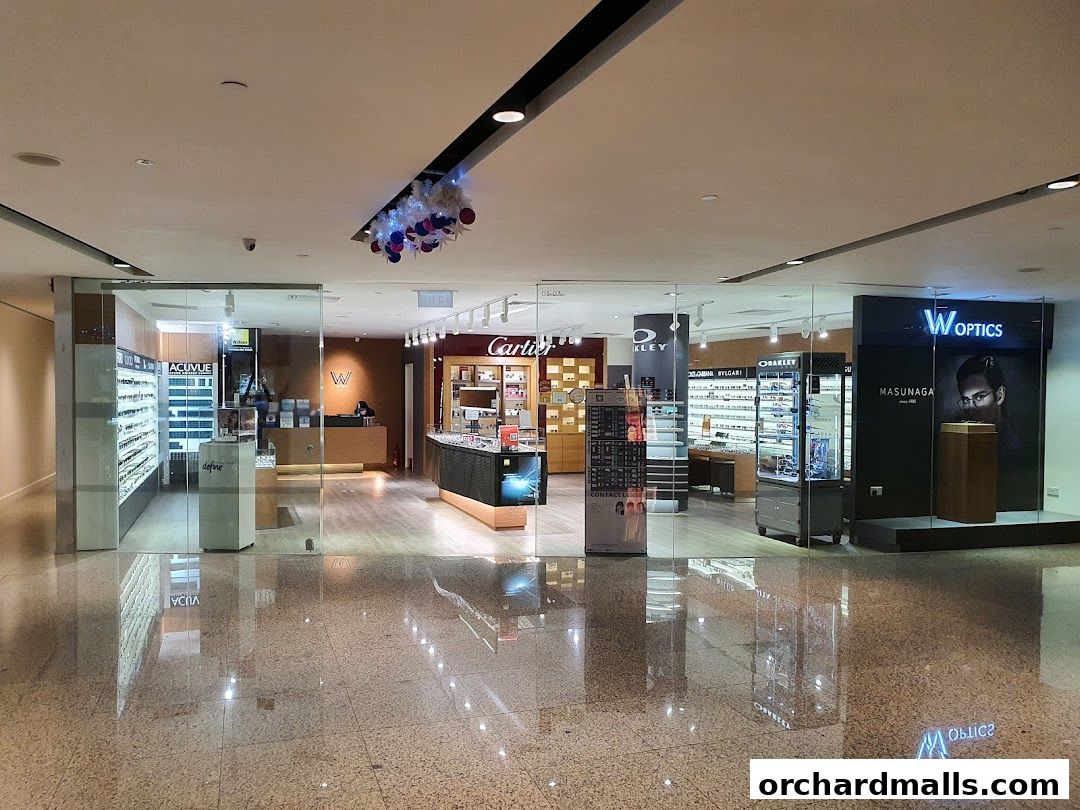 The exterior of W Optics, an eyewear store, showcasing various brands of glasses and contact lenses.