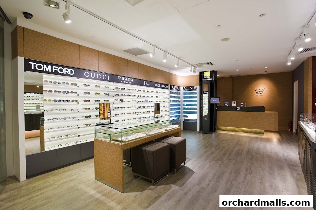 Interior of W Optics store showcasing designer eyewear and contact lenses.