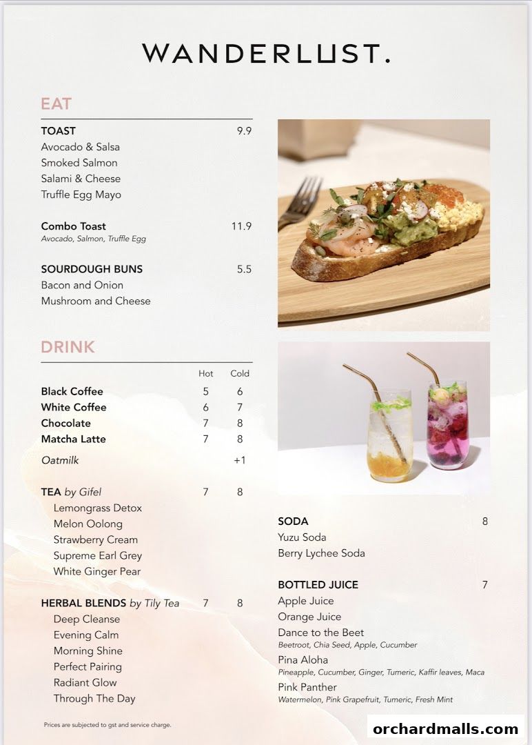 A menu for Wanderlust Cafe Singapore featuring food and drinks with prices.