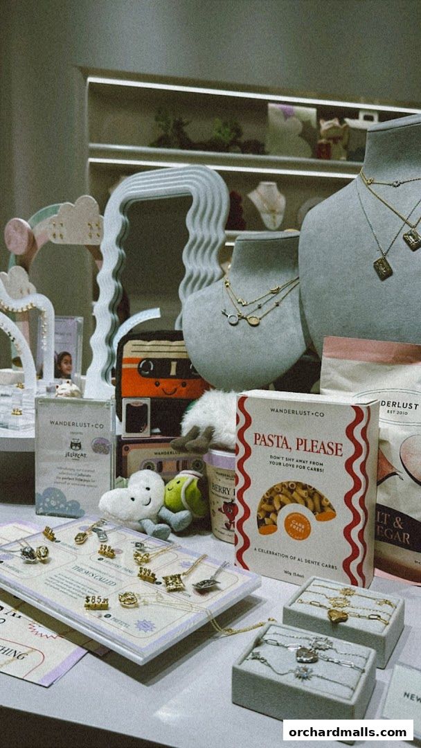 A display of necklaces, bracelets, and novelty items from Wanderlust Co.