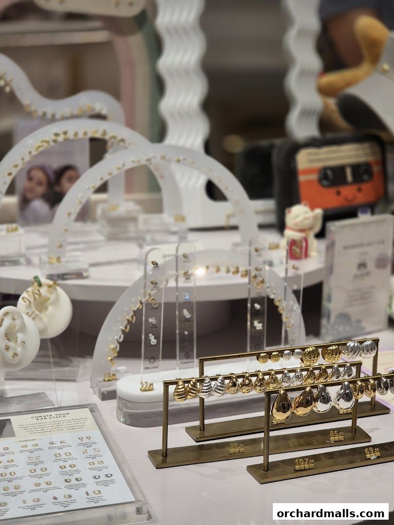 Display of various earrings and jewelry pieces on stands and shelves.