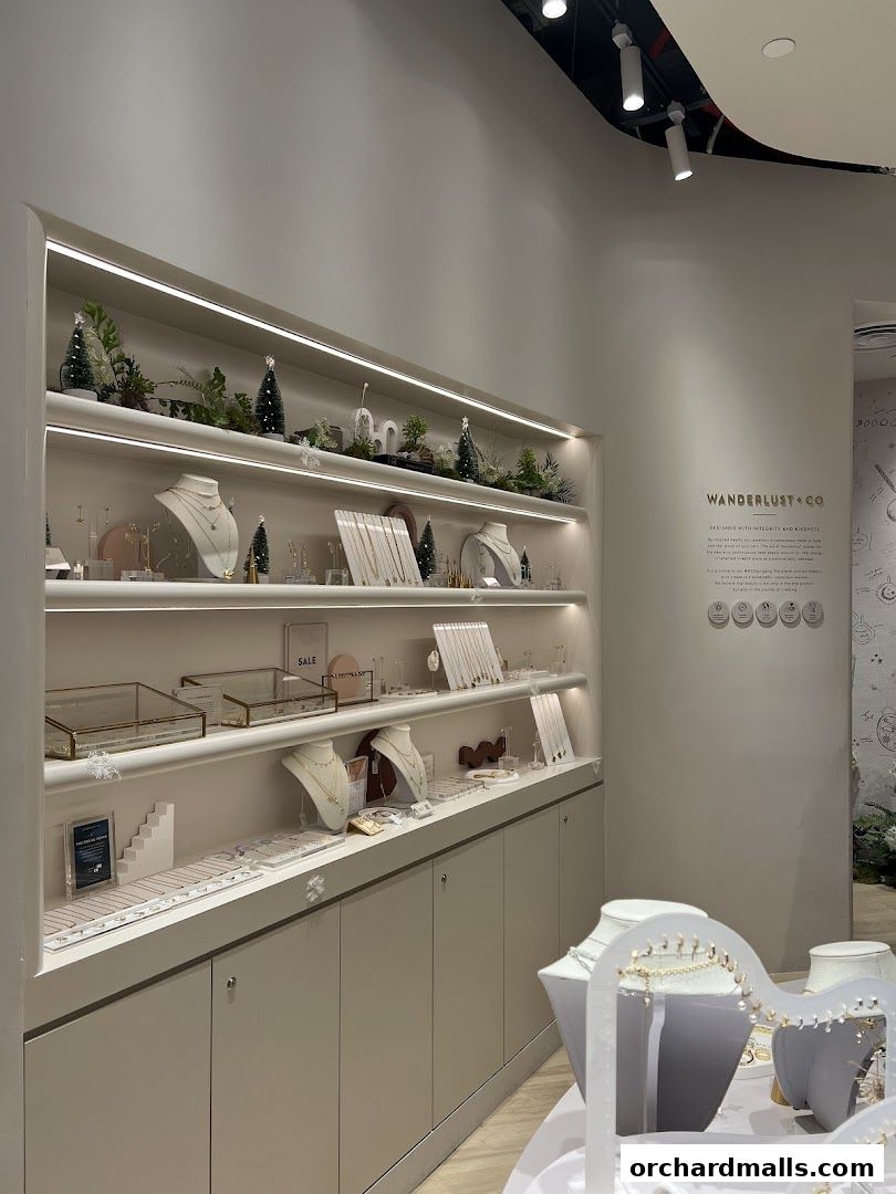 Interior view of a jewelry store with display shelves showcasing necklaces and earrings.