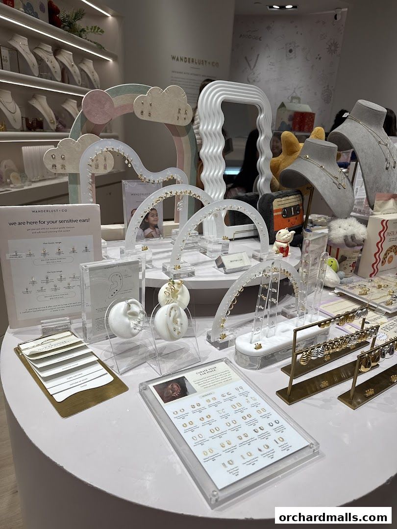 A display of delicate jewelry, including earrings and necklaces, at Wanderlust Co.