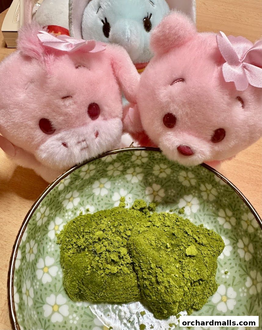 Two matcha warabimochi served in a decorative bowl with plush toys in the background.