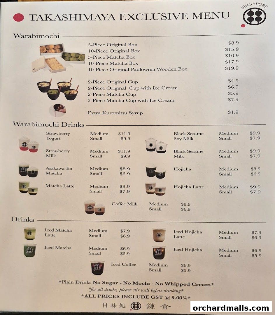 A menu from Warabimochi Kamakura featuring various mochi and drink options.