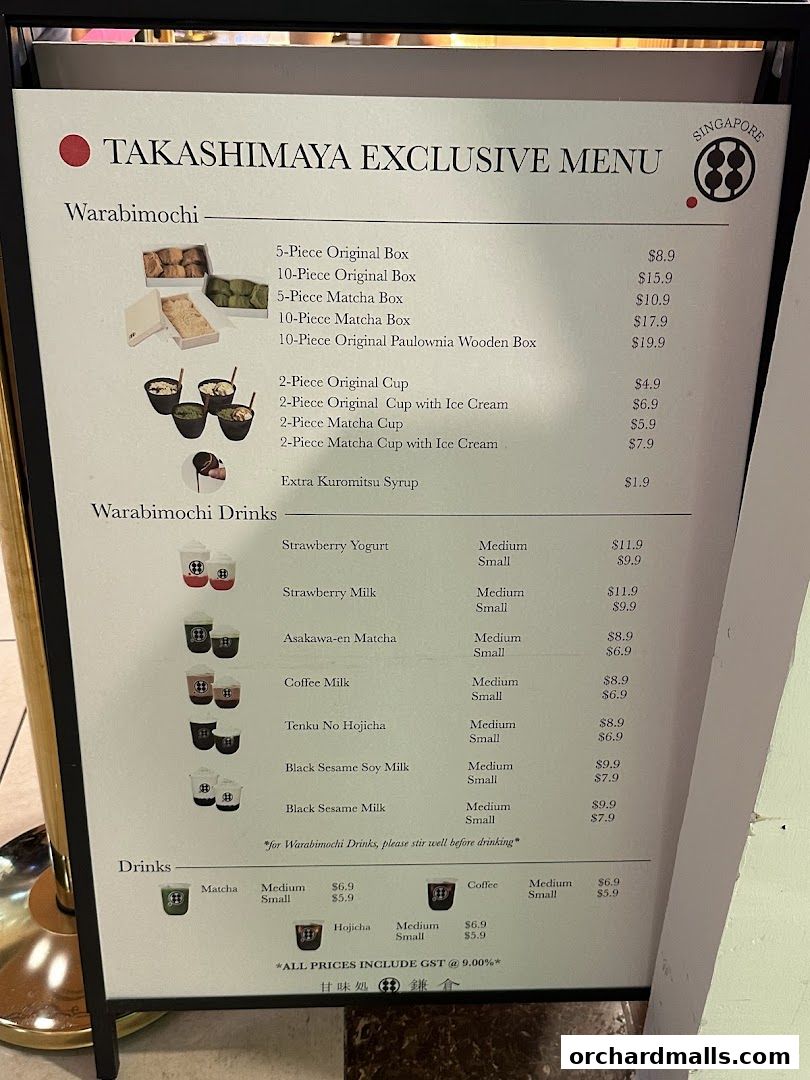 A menu for Warabimochi from Takashimaya Exclusive Menu, featuring mochi and drinks.