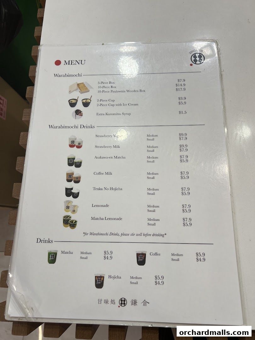 Menu page for Warabimochi Kamakura