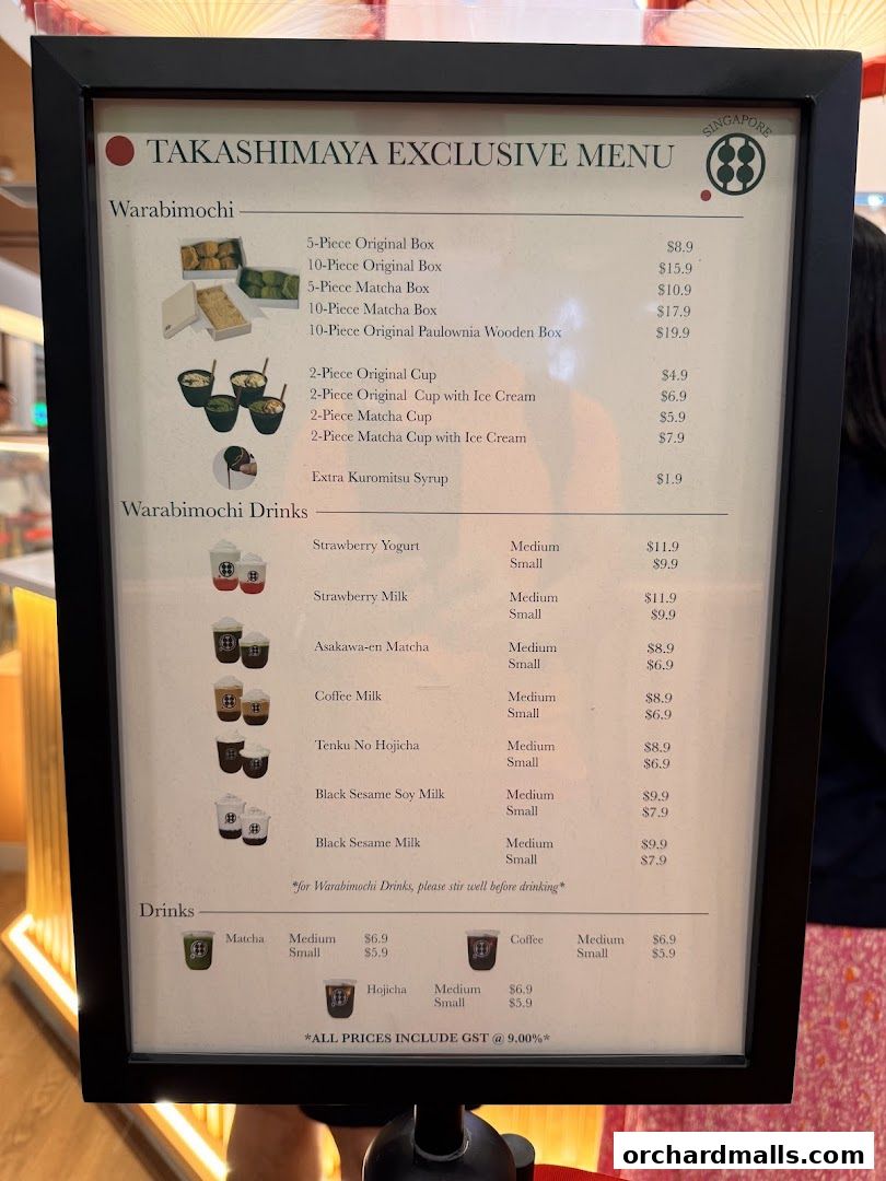 A menu board for Warabimochi Kamakura, featuring various warabimochi boxes and drinks.