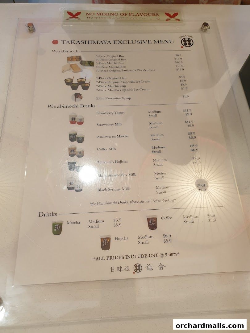 A menu for Warabimochi Kamakura, featuring various mochi and drink options with prices.