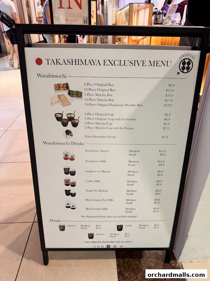 A menu board for Warabimochi Kamakura, featuring various mochi and drink options.