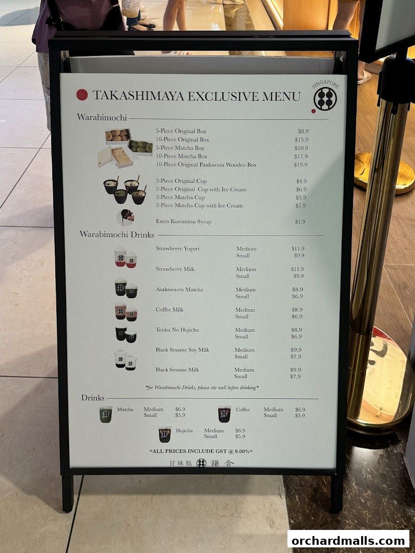 A menu board for Warabimochi Kamakura, featuring various mochi and drink options.
