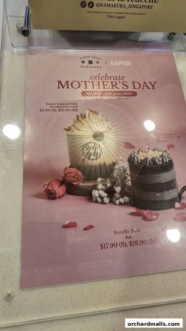 Mother's Day special menu featuring warabimochi drinks and cakes.
