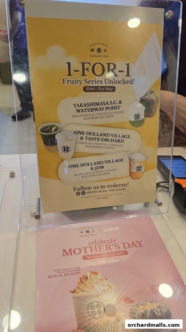 A promotional flyer for Warabimochi Kamakura featuring 1-for-1 deals and a Mother's Day special.