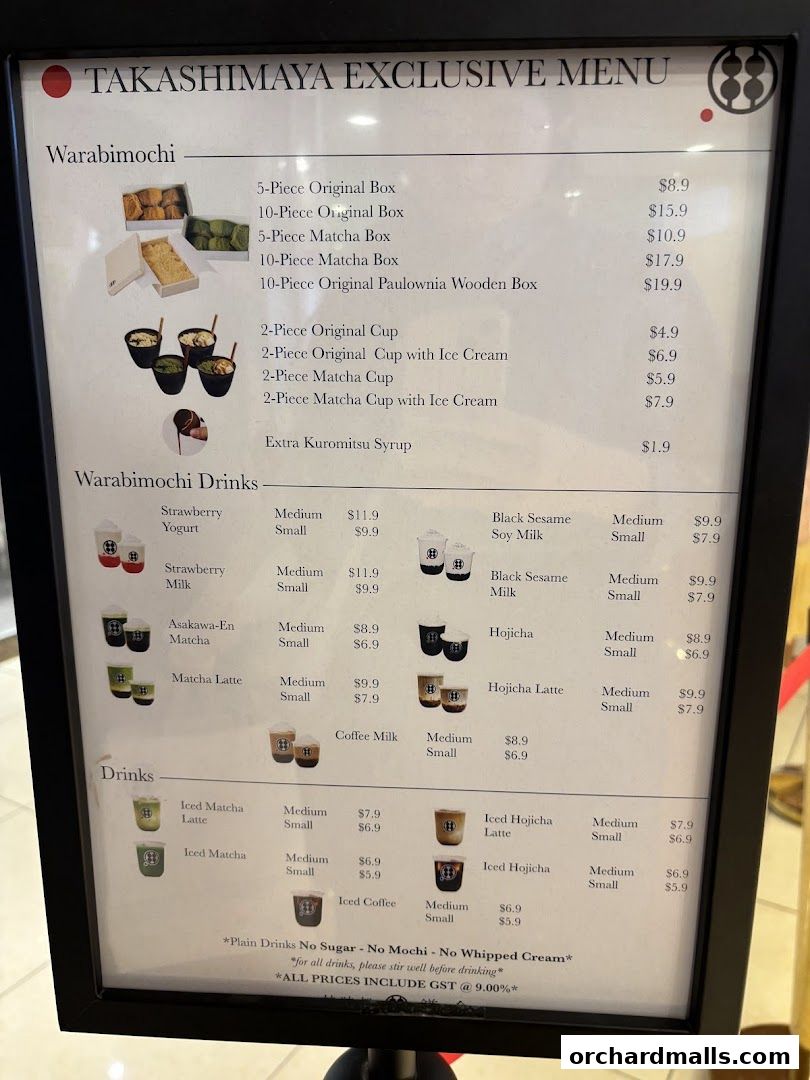 A menu for Warabimochi featuring various mochi boxes, drinks, and iced beverages.