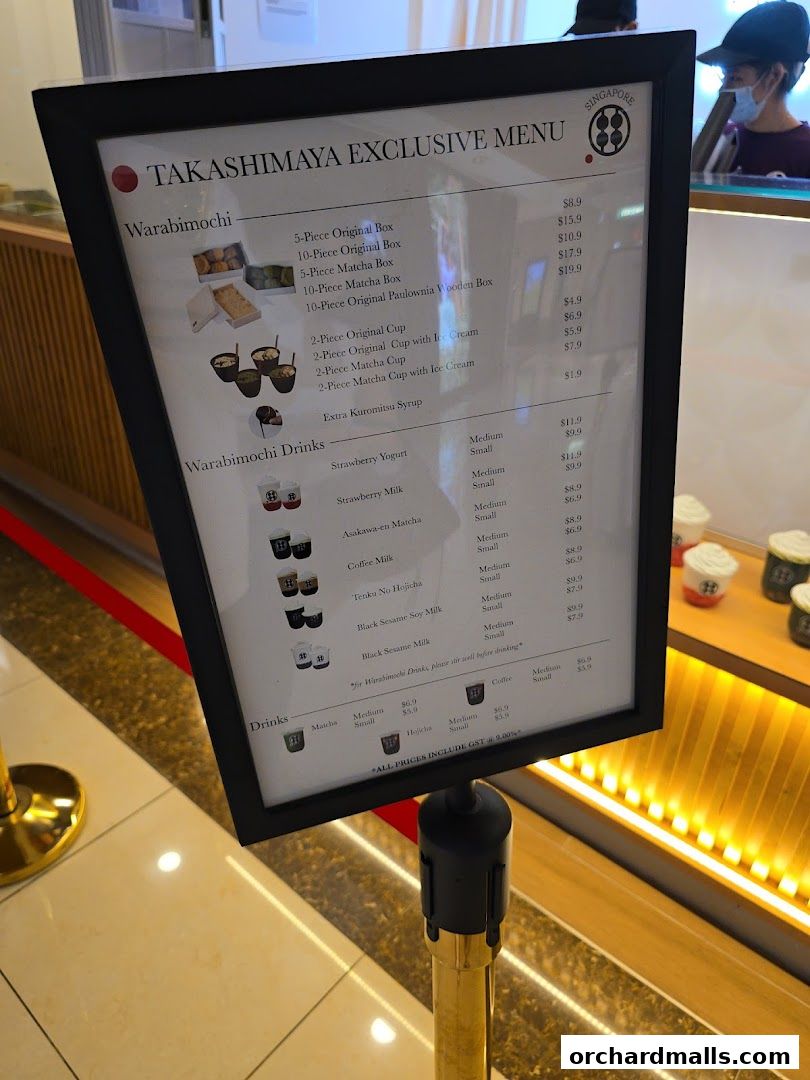 A menu board displays Warabimochi and Warabimochi Drinks with prices.