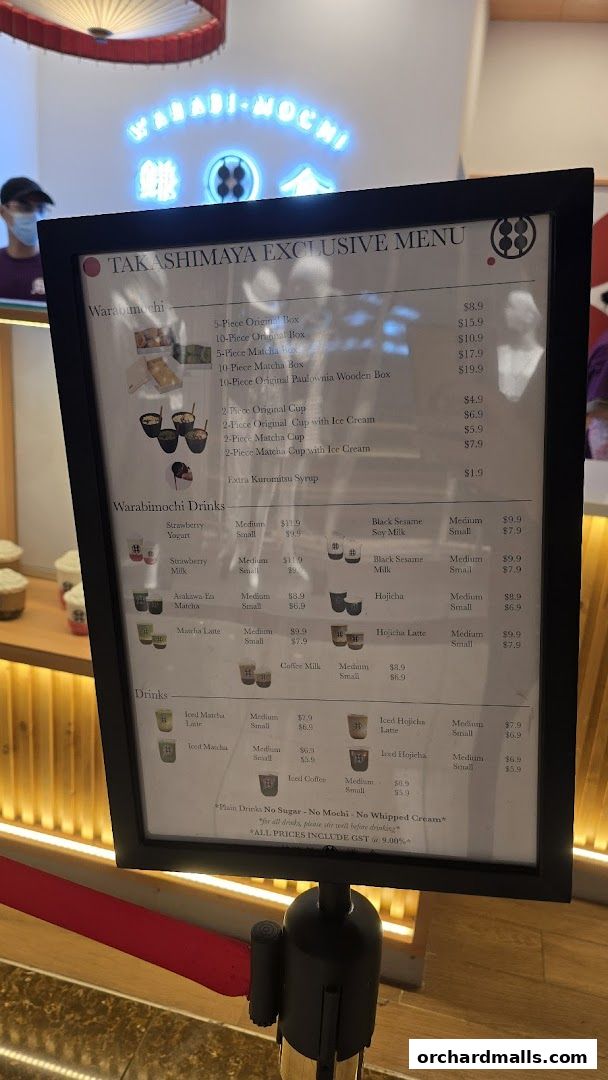 A menu board for Warabimochi Kamakura, featuring exclusive Takashimaya offerings.