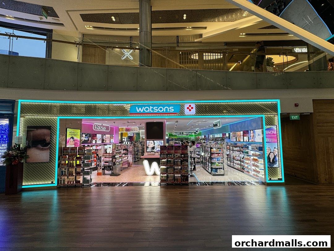 The brightly lit Watsons store entrance, showcasing makeup, toiletries, and health products.