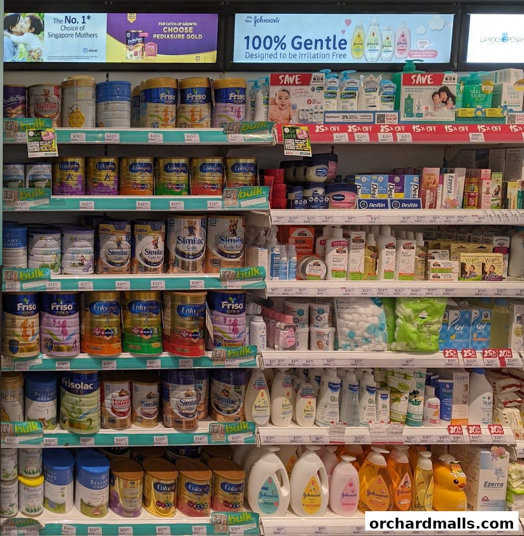 Shelves stocked with baby formula, skincare, and hygiene products from various brands.