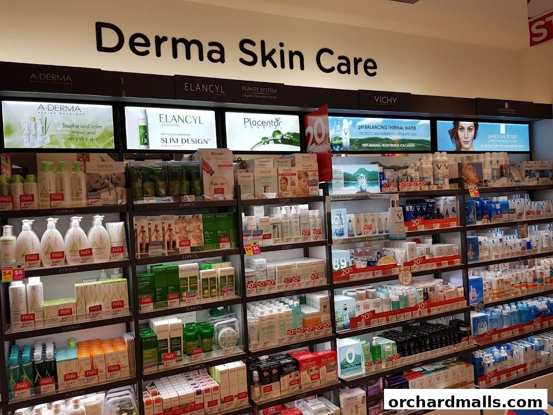A wide selection of Derma Skin Care products displayed on shelves, featuring brands like A-Derma, Elancyl, Vichy, and La Roche-Posay.