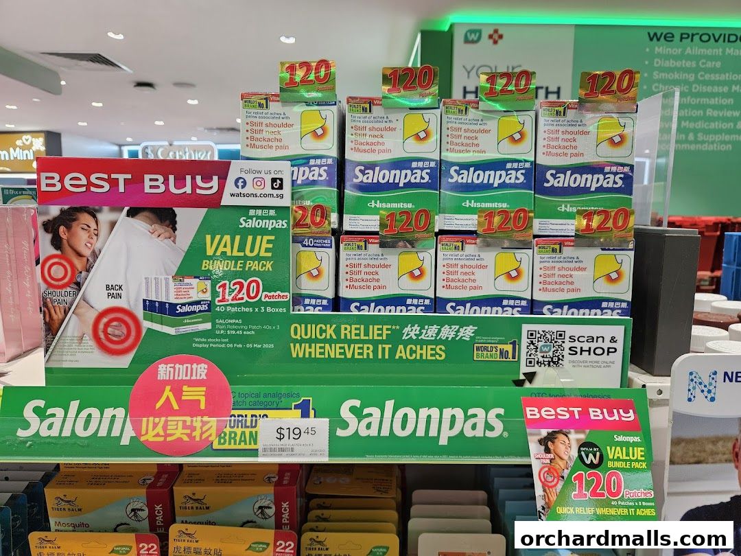 A display of Salonpas pain relief patches at Watsons, highlighting a value bundle pack.