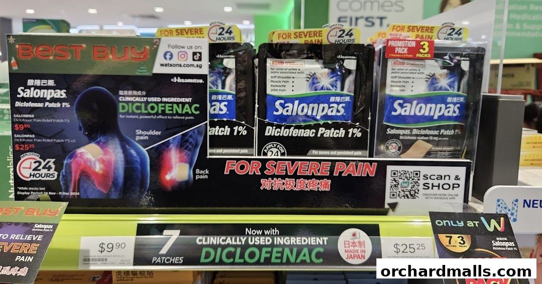 Display of Salonpas Diclofenac patches for severe pain relief at Watsons.
