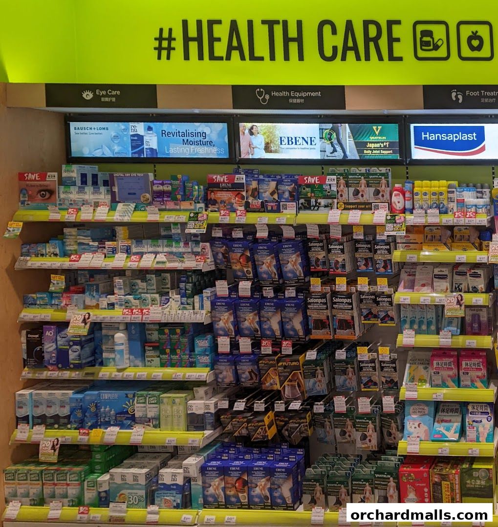 A well-stocked pharmacy shelf displaying a variety of health and personal care products.