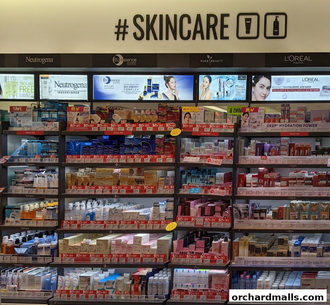 A wide selection of skincare products displayed on shelves with prominent "30% OFF" sale signs.