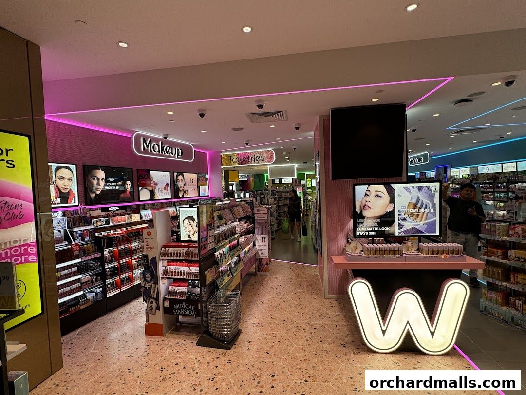 Interior view of a Watsons store featuring makeup and toiletries sections with promotional displays.
