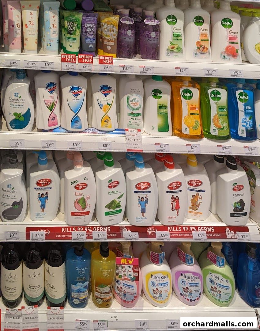 Shelves stocked with various body wash and hand soap products from brands like Dettol, Lifebuoy, and Sukin.