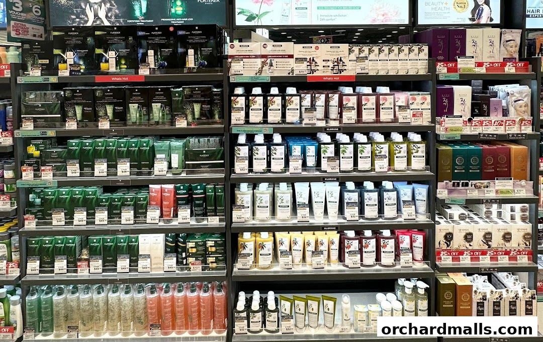 A wide selection of beauty and personal care products displayed on shelves in a retail store.