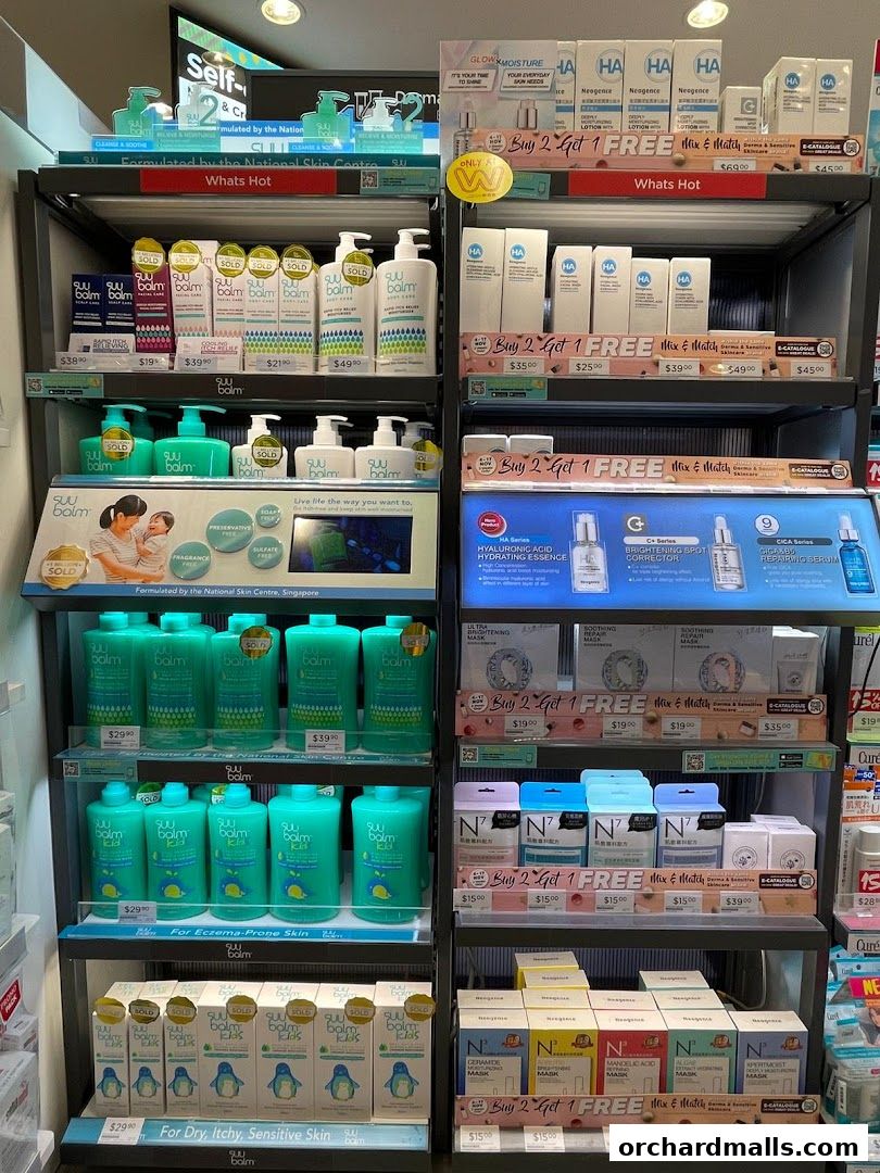 Shelves stocked with skincare products, including lotions, serums, and masks, with promotional signage.