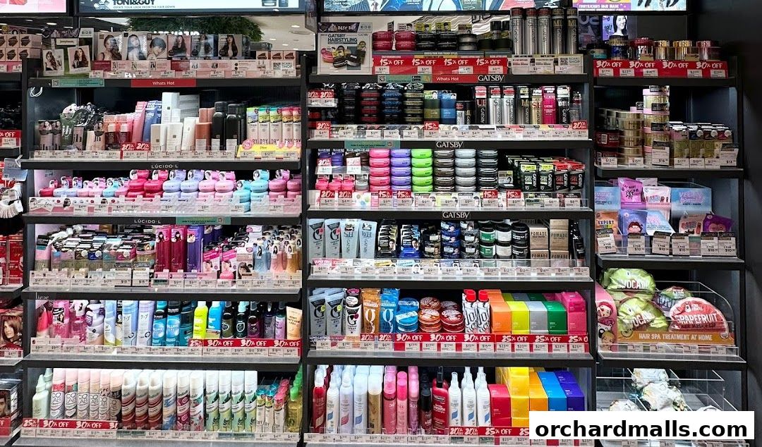 A wide selection of beauty and personal care products displayed on shelves in a retail store.