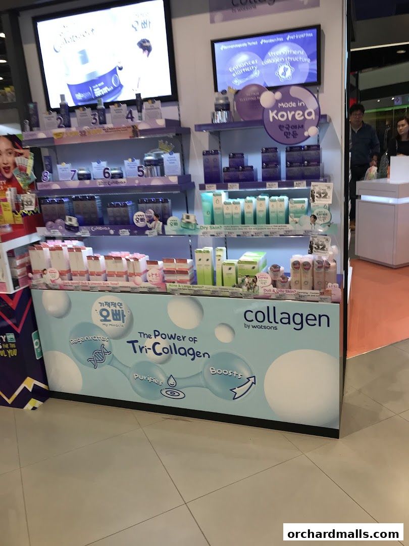 Watsons store display featuring collagen-based skincare products and promotional signage.
