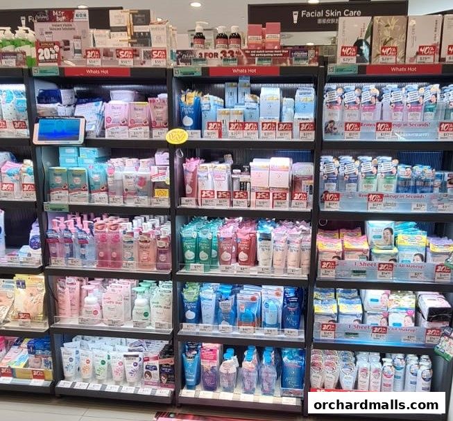 Shelves stocked with a wide variety of skincare and beauty products, many with promotional discounts.