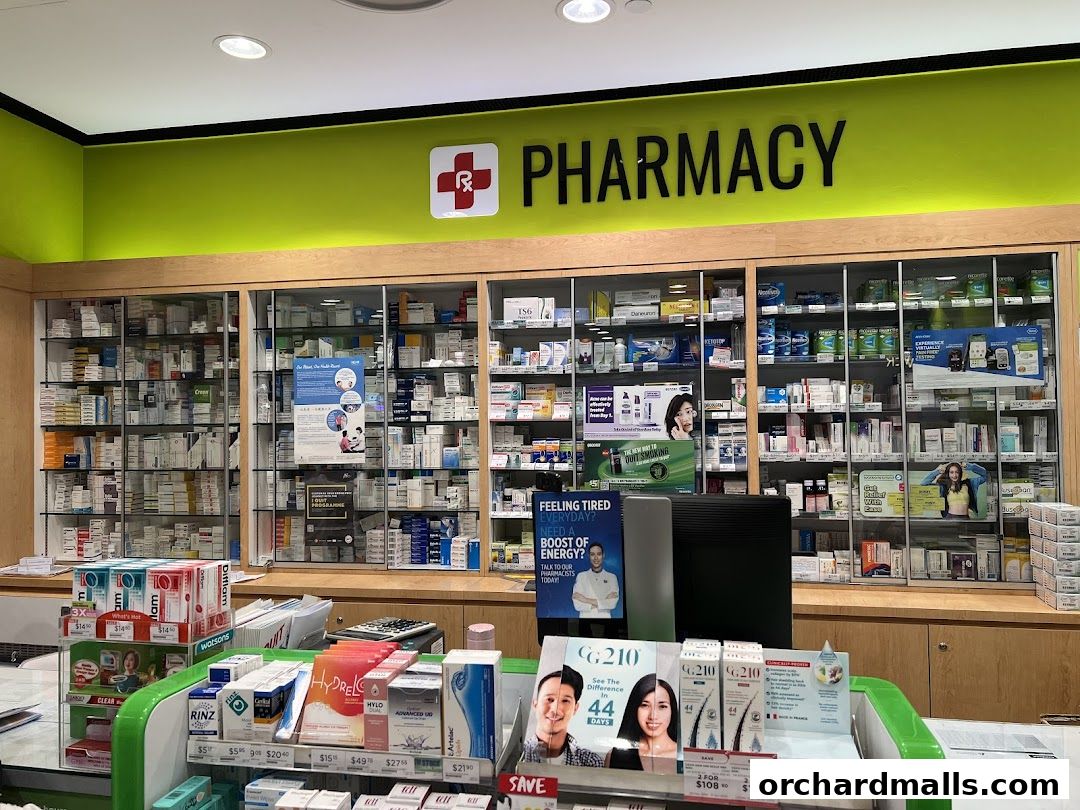 Interior view of a Watsons pharmacy with shelves stocked with medications and health products.