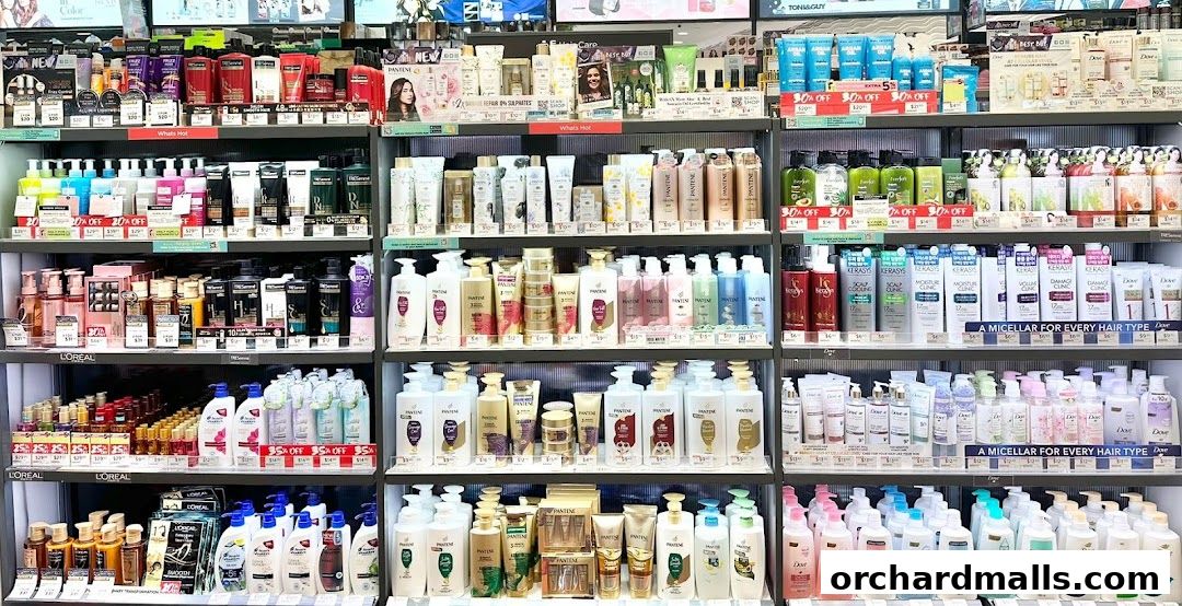 Shelves stocked with a wide variety of hair care products, including shampoos and conditioners.