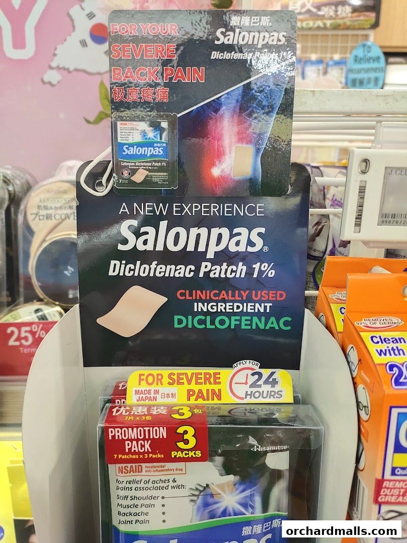Display of Salonpas Diclofenac Patch 1% for severe back pain relief.