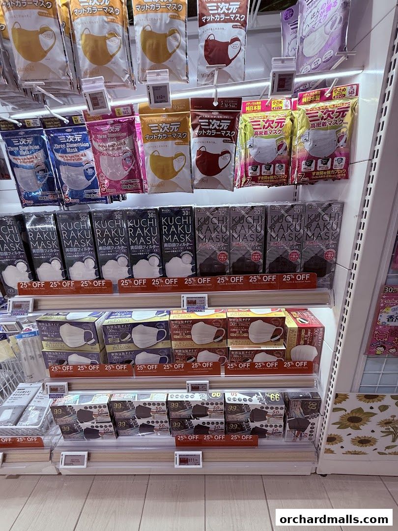 Shelves stocked with various types of face masks, many on sale.