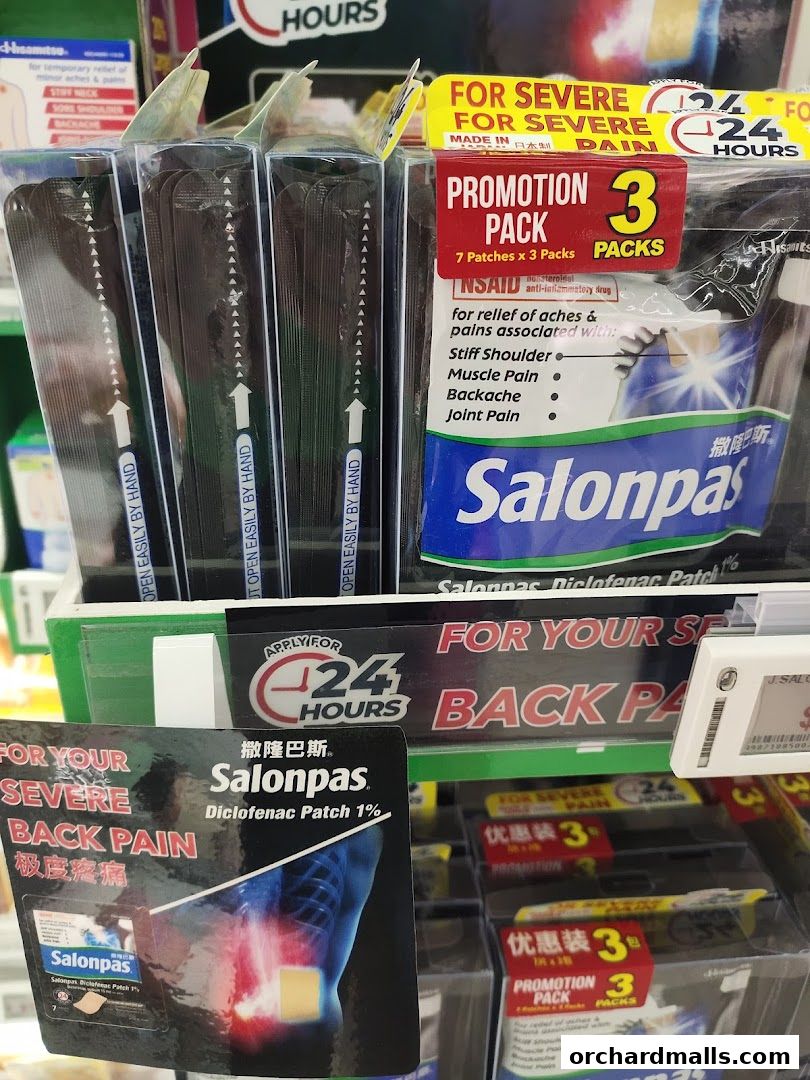 Display of Salonpas Diclofenac patches for severe back pain relief.
