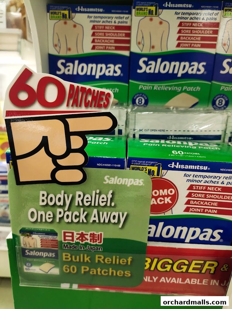 Display of Salonpas pain relief patches, highlighting 'Body Relief. One Pack Away.'