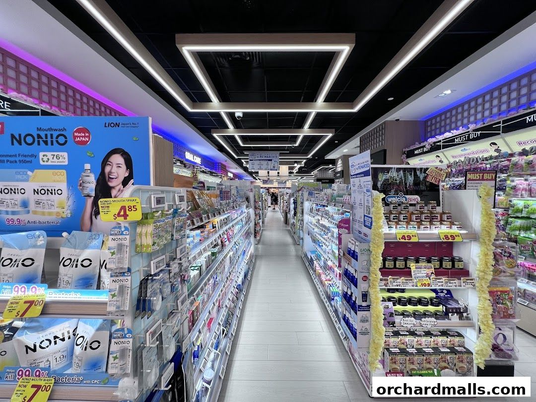 A well-lit interior view of a retail store with shelves stocked with health and beauty products.