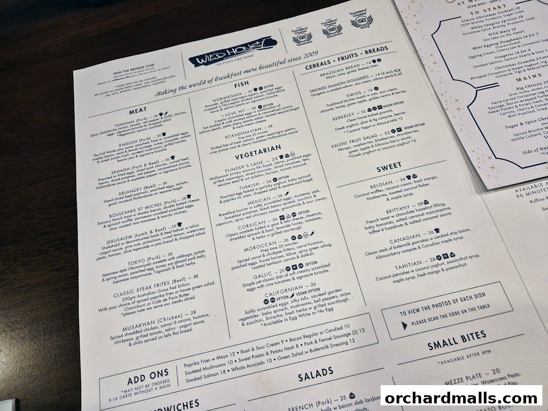 Menu page for Wild Honey Mandarin Gallery