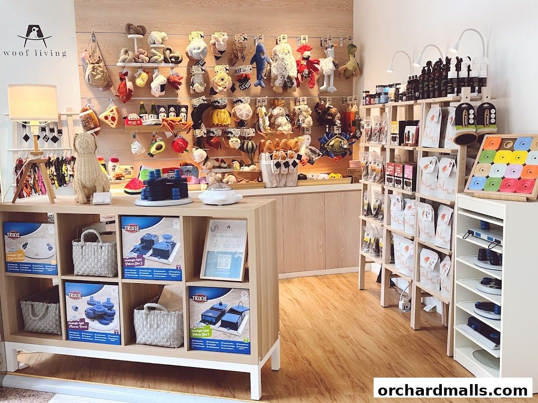 Interior of a pet store with shelves stocked with dog toys and accessories.