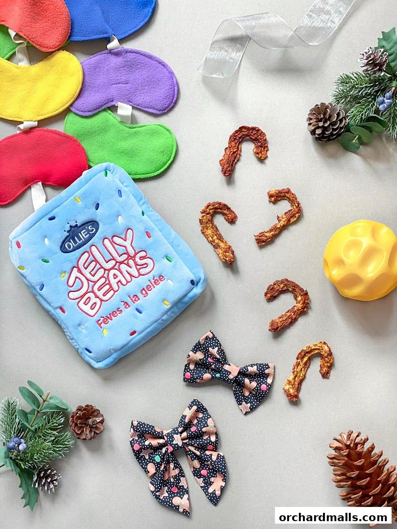 A collection of colorful dog toys and festive holiday-themed accessories.