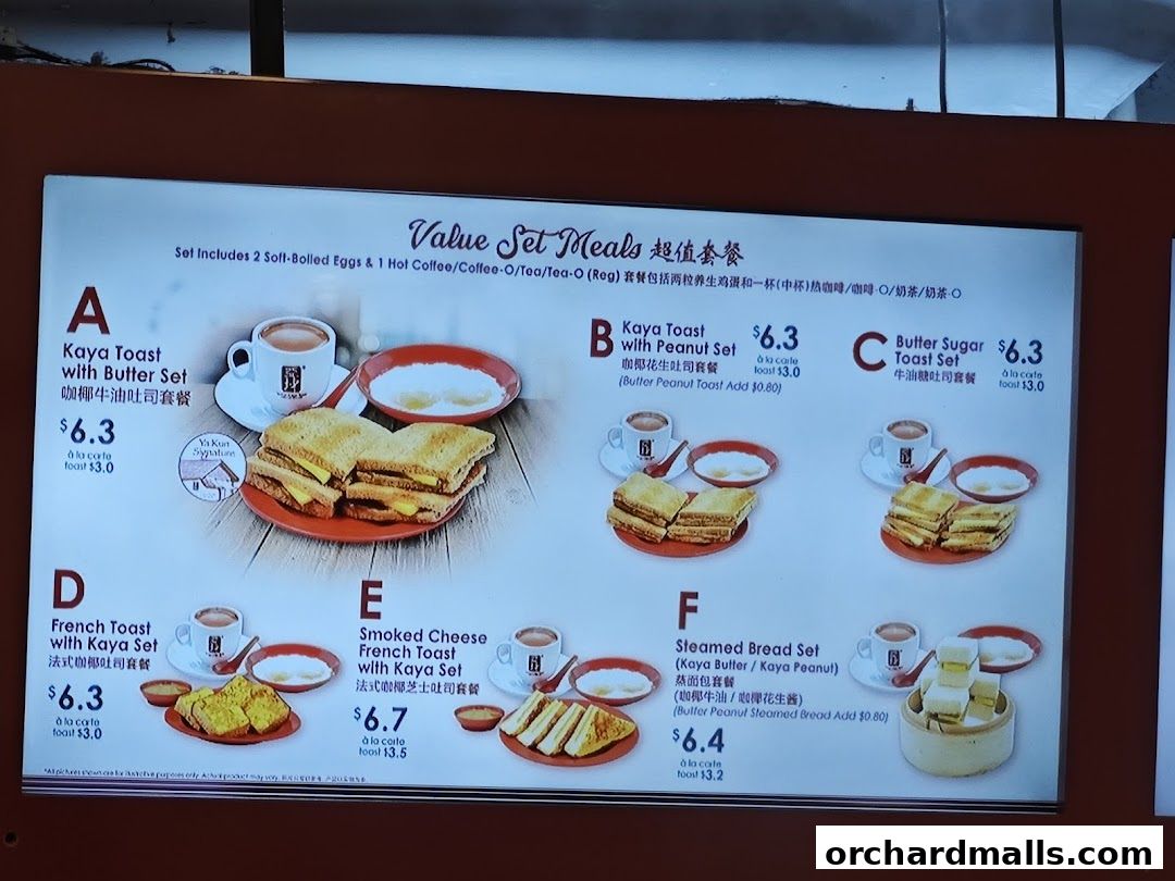 Menu page for Ya Kun Kaya Toast Far East Plaza