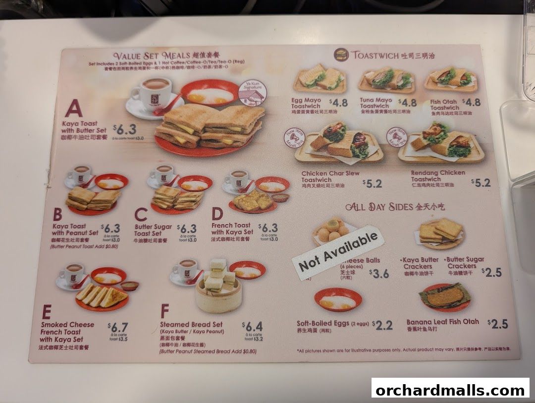 Menu page for Ya Kun Kaya Toast Far East Plaza