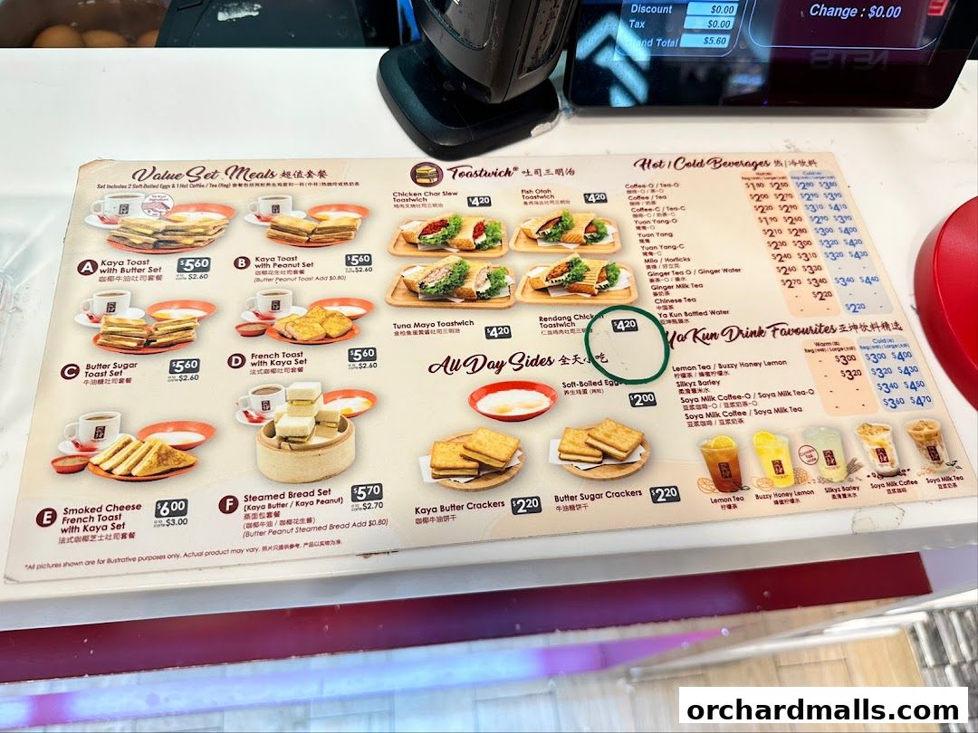 A menu from Ya Kun Kaya Toast featuring value set meals, toastwiches, all-day sides, and beverages.