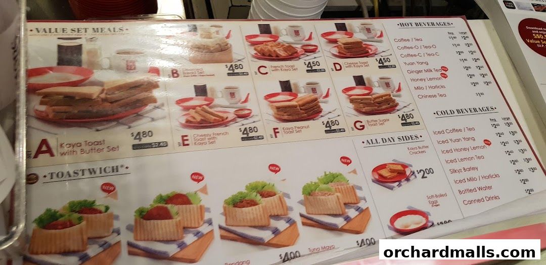 A menu from Ya Kun Kaya Toast featuring value set meals, beverages, and sides.